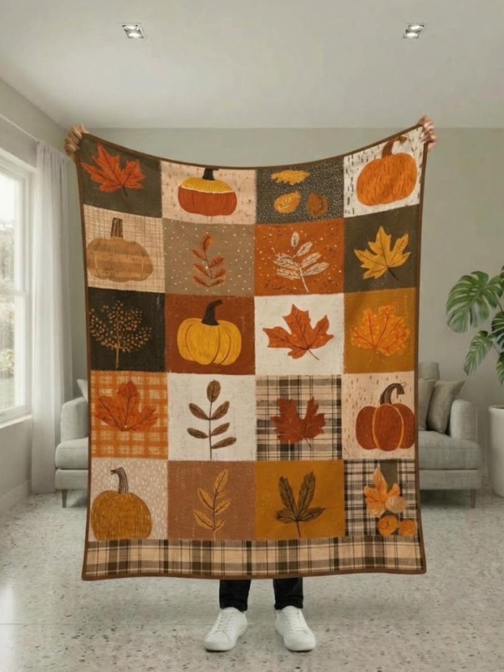 Cozy Autumn Patchwork Pumpkin Throw Blanket - Orange